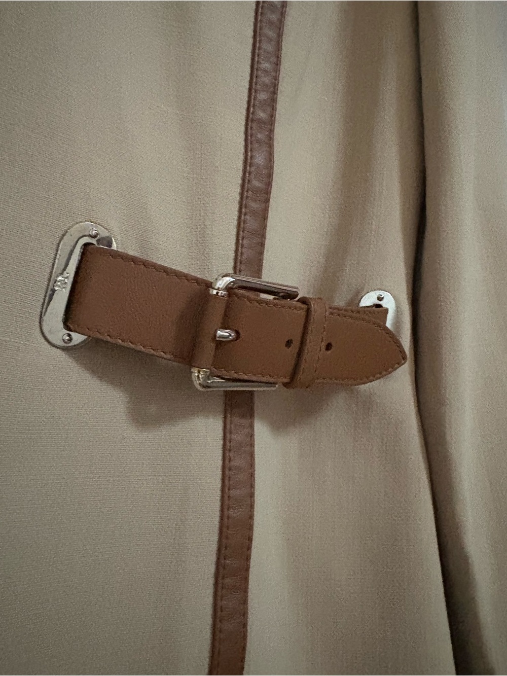 Ralph Lauren Purple Label Beige Midi Dress with Brown Trim Zipper + Buckle - Picture 2 of 6
